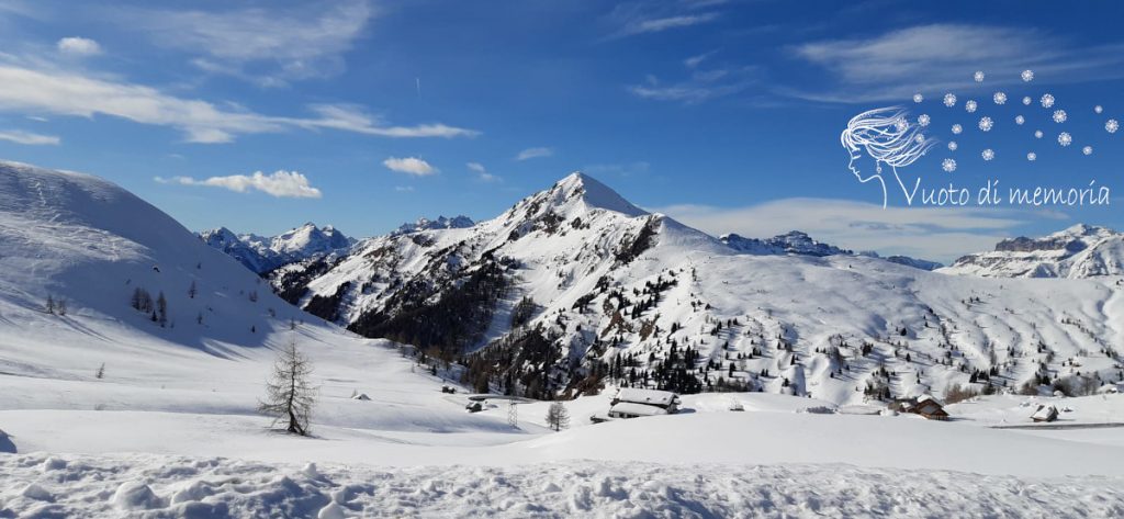 Paesaggio alpino con montagne innevate e alberi secchi e pini